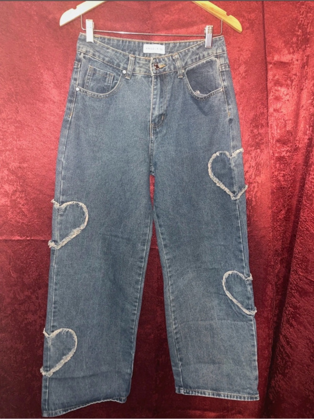 Angel Kiss Straight-Leg Blue Jeans with Frayed Heart Appliqués